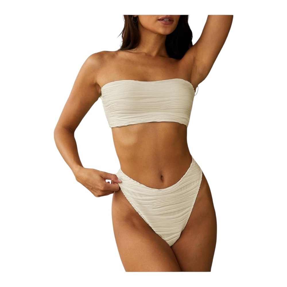 ZAFUL Cream Bandeau Ribbed Wave Bikini Set Lace-Up Hi Waist Swimsuit Size M NWT